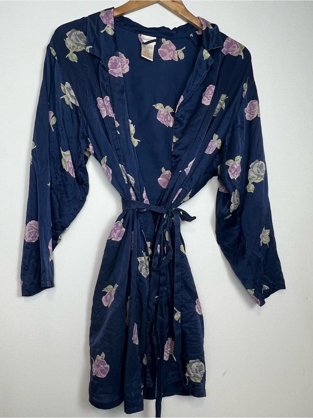 ✨ Vintage Silk & Satin 100% Pure Silk Floral Kimono Robe Navy Blue small/medium